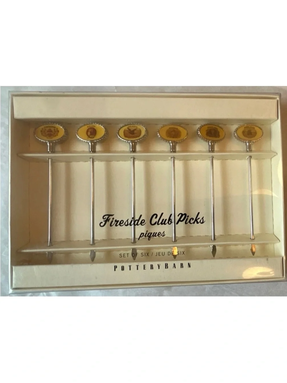 *NEW* VTG Pottery Barn FIRESIDE CLUB  cocktail picks & Glass charms Set Barware